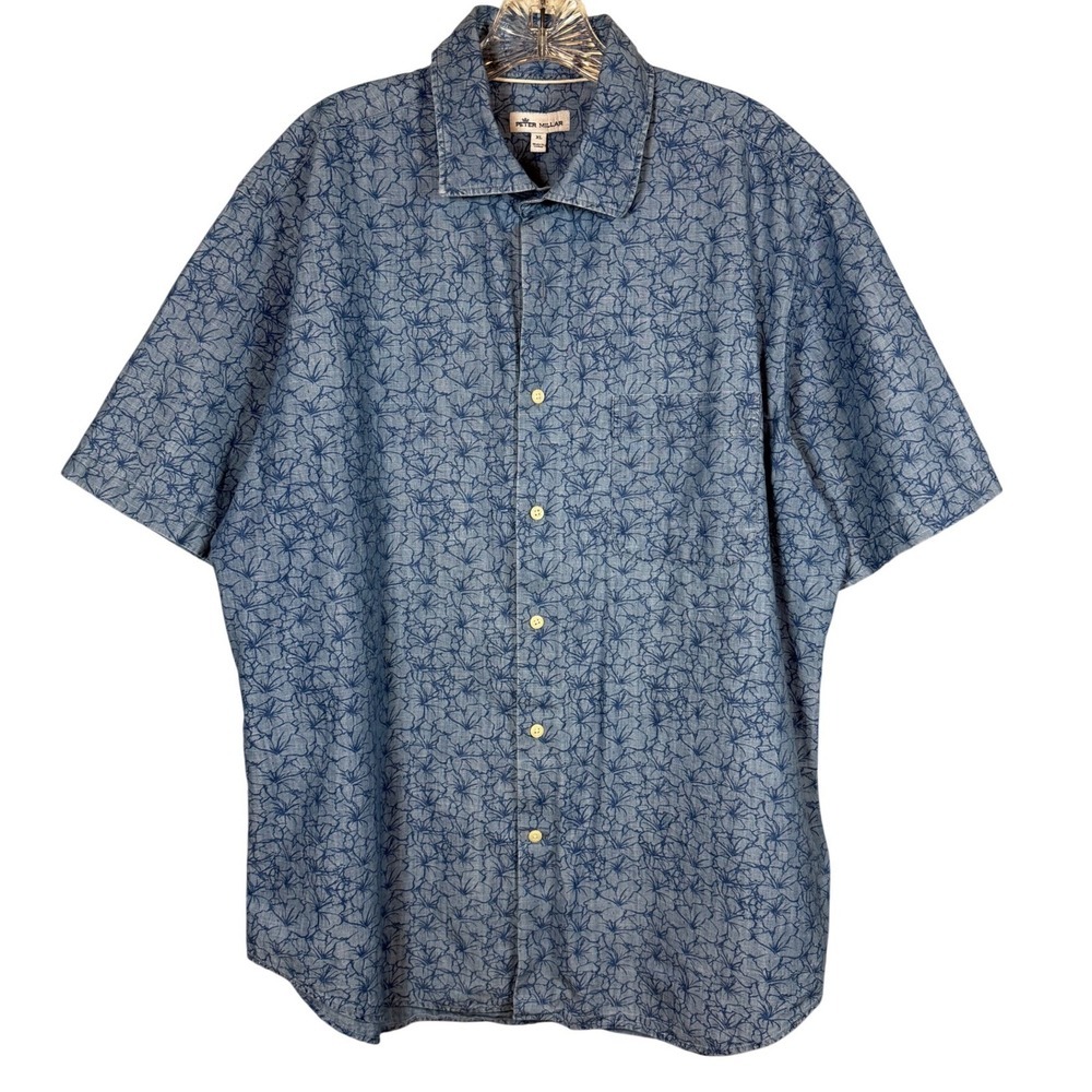 PETER MILLAR Seaside Short-Sleeve Shirt, Chambray Blue Floral, Button Down, XL